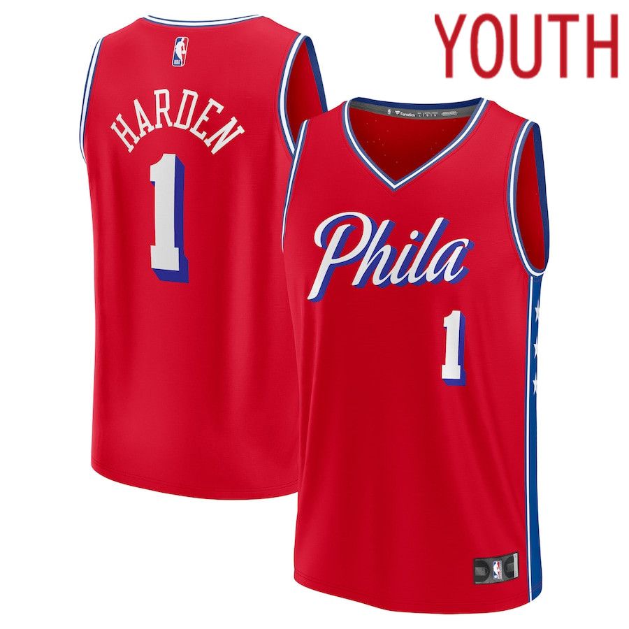 Youth Philadelphia 76ers #1 James Harden Fanatics Branded Red Statement Edition 2022-23 Fast Break Player NBA Jersey